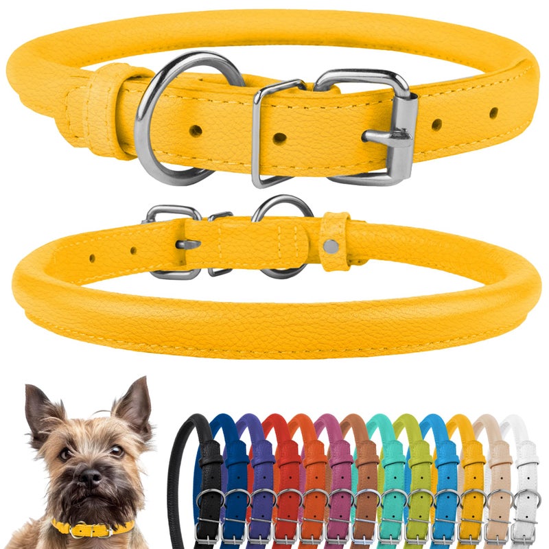 CollarDirect Rolled Leather Dog Collar, Soft Padded Round Puppy Collar, Handmade Genuine Leather Collar Dog Small Large Cat Collars 13 Colors (6-7 Inch, Yellow Textured) - Image 1